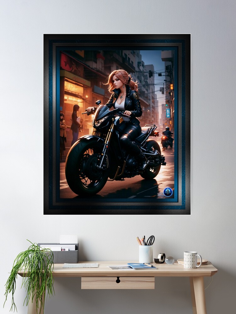 Portrait Of Vivina-Sofia Anime Girlboss Biker Babe On Her Brassia X150 Beautiful AI Concept Art by Xzendor7 Wall Decor Poster