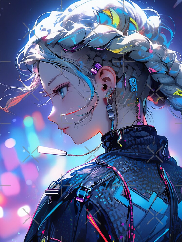 Colorful Braid Cyberpunk Anime Girl | Sticker