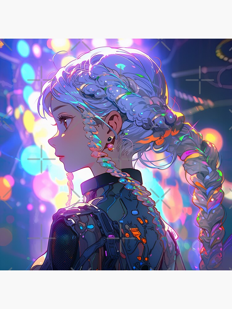 Colorful Braid Cyberpunk Anime Girl | Sticker