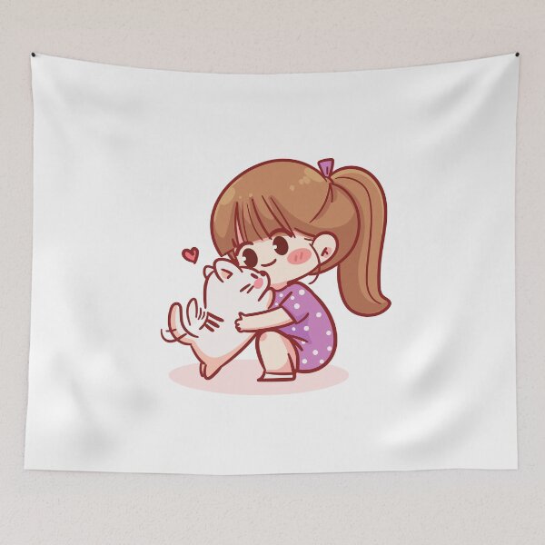 Item preview, Cute Girl Playing with Cat - Hand-Drawn Cartoon Character Illustration designed and sold by hjian8219.