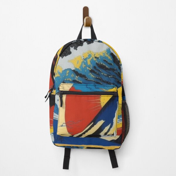 Aperçu de l'œuvre Pyramides illustrées en couleurs primaires avec des vagues Hokusai créée et vendue par Meena-tta.