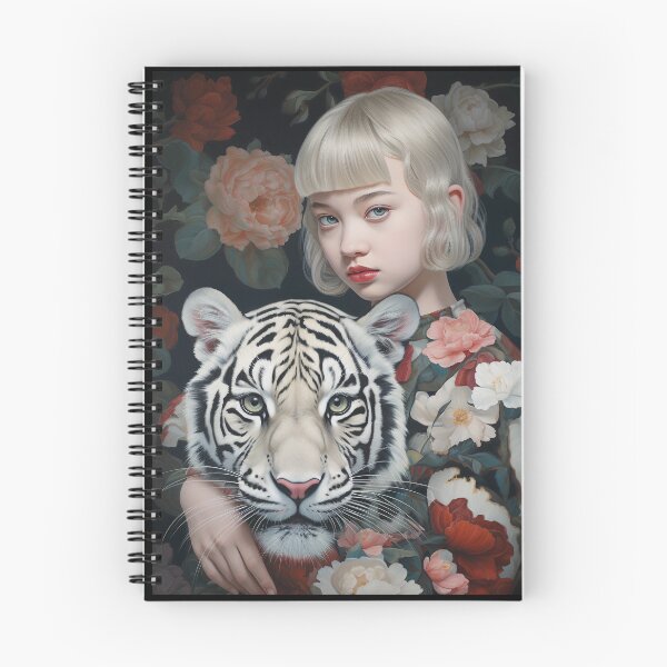Aperçu de l'œuvre Une fille chinoise aux yeux bleus et aux cheveux blancs higging un tigre blanc créée et vendue par Elindith.