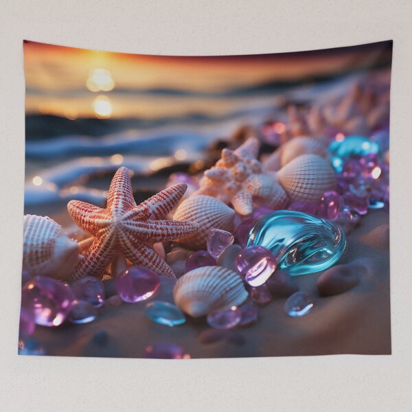 Item preview, Otherworldly beach and seascape with gemstones at sunset 1 designed and sold by Red Witch Art.