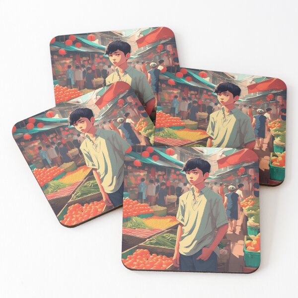 Item preview, Boy in a fruit and veg market in Vietnam, Japanese anime style illustration designed and sold by Meena-tta.