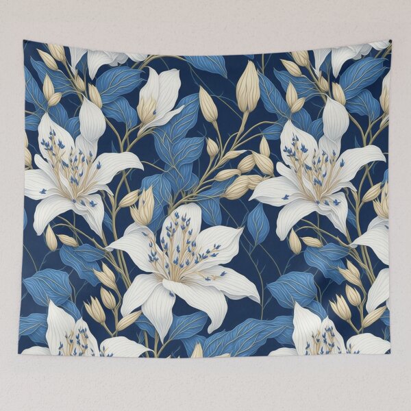 Item preview, Blue white vintage retro lily flowers, Flower of life, simplicity, Hamptons style, beach style  colours designed and sold by Oz64.