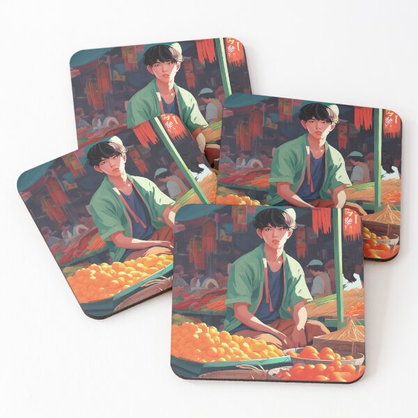 Item preview, cute Boy in a fruit and veg market in Vietnam, Japanese anime style illustration designed and sold by Meena-tta.