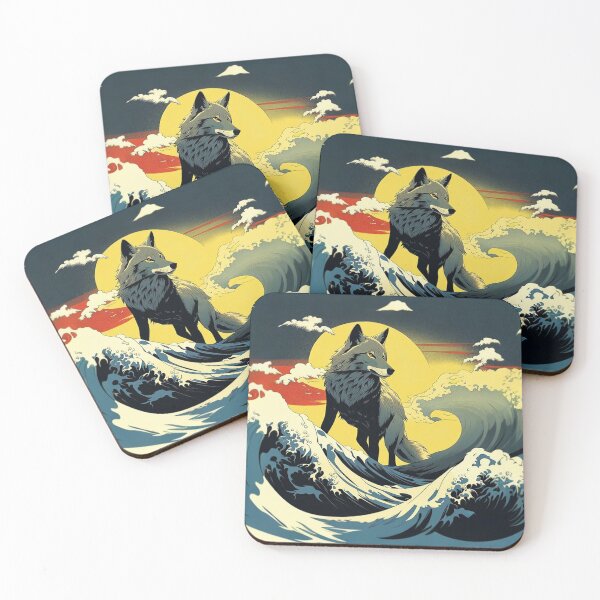 Item preview, Wolf amongst Hokusai waves with a rising sun and clouds in pop art design designed and sold by Meena-tta.