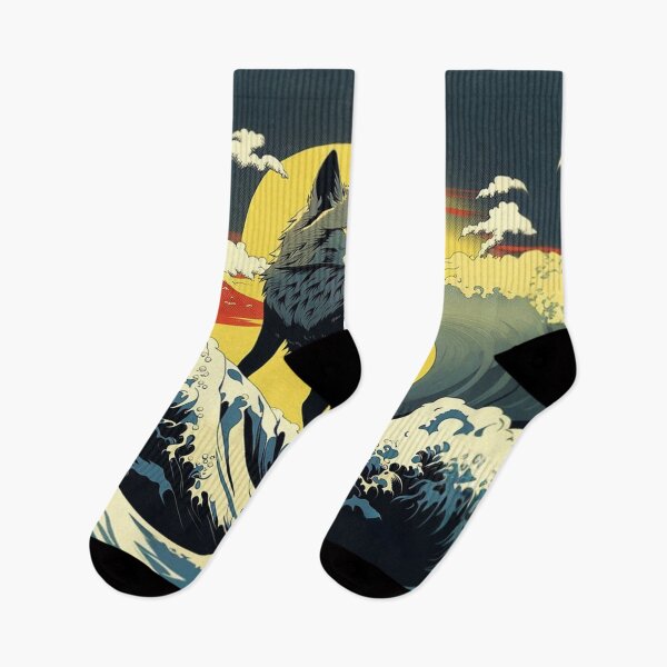 Item preview, Wolf amongst Hokusai waves with a rising sun and clouds in pop art design designed and sold by Meena-tta.