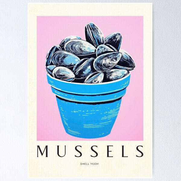 Item preview, Shell Yeah! Quirky Mussels Retro Art Print - Nautical Seaside Vintage Poster for Beach House Decor designed and sold by PinkNomad.