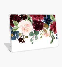 Burgundy Blue Watercolor Flowers Border Laptop Skin