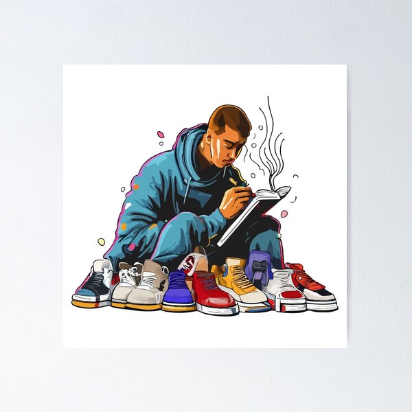 Item preview, Man surrounded by shoes writting rap and poetry  designed and sold by WearYoSneakers.