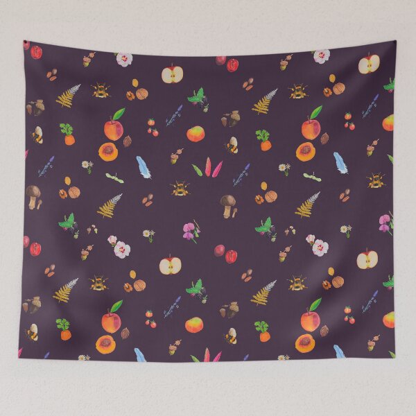 Item preview, Cottage core gouache painting repeated pattern : dark purple bg designed and sold by Maysoulrose.