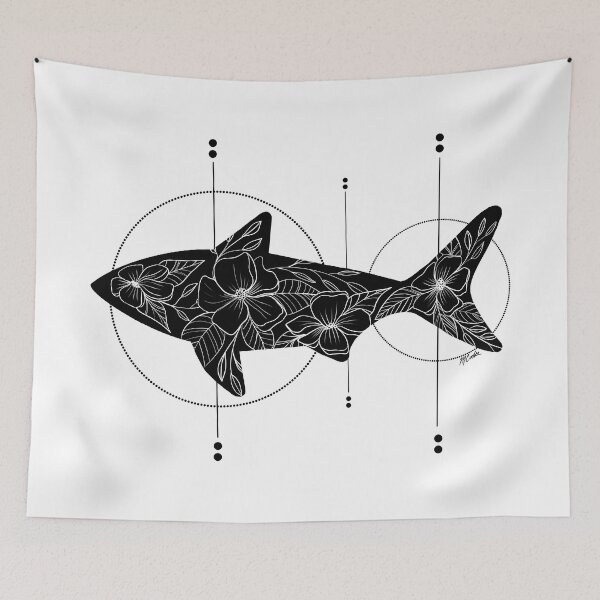 Item preview, Shark Floral Black with white ink designed and sold by Quick Brown Fox Canada.