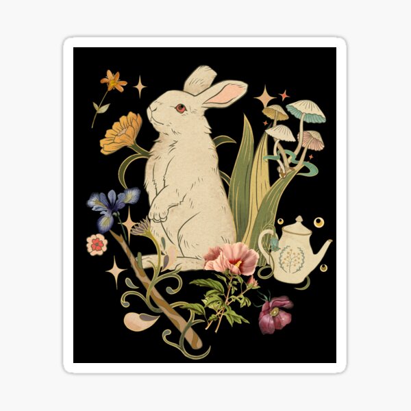 Cottagecore Rabbit with Fairy Mushroom House Vintage Art - Cottagecore -  Sticker