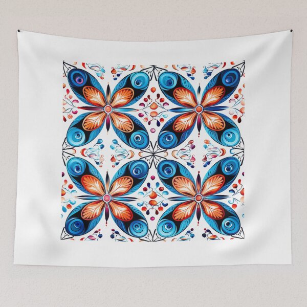 Artikelvorschau, Buntes Fantasiemuster blau weiß orange Schmetterlinge entworfen und verkauft von G-M-Designs.