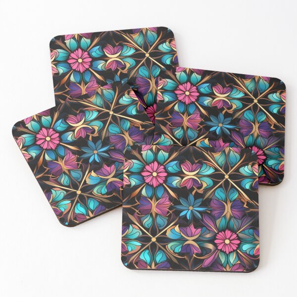 Aperçu de l'œuvre Motif fantaisie coloré bleu rose violet or motif de treillis de fleurs créée et vendue par G-M-Designs.