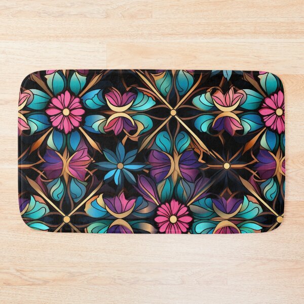 Aperçu de l'œuvre Motif fantaisie coloré bleu rose violet or motif de treillis de fleurs créée et vendue par G-M-Designs.