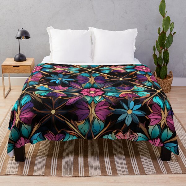 Aperçu de l'œuvre Motif fantaisie coloré bleu rose violet or motif de treillis de fleurs créée et vendue par G-M-Designs.