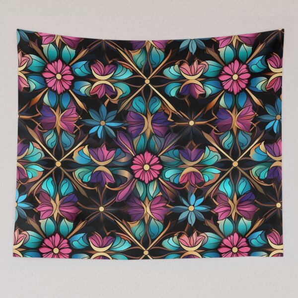 Aperçu de l'œuvre Motif fantaisie coloré bleu rose violet or motif de treillis de fleurs créée et vendue par G-M-Designs.