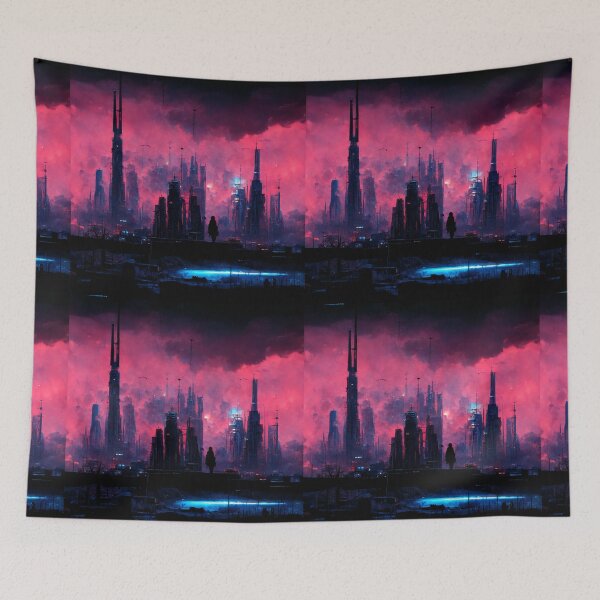 Item preview, Woman Overlooking A Dystopian City (Neo Noir Blade Runner Inspired Cityscape Vaporwave Synthwave Poster) designed and sold by ZGigerBarker.