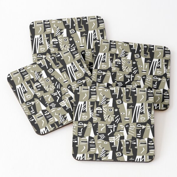 Item preview, Cubist ethnic faces black and white designed and sold by Alessandro Remo Mazzoni Remotextiles.