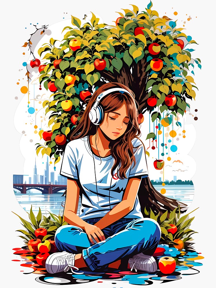 Kawaii Anime Girl Listening to Music · Creative Fabrica