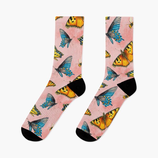 Item preview, Bees and Butterflies Tossed on Peachy PinkSkies designed and sold by Sockstomistic.