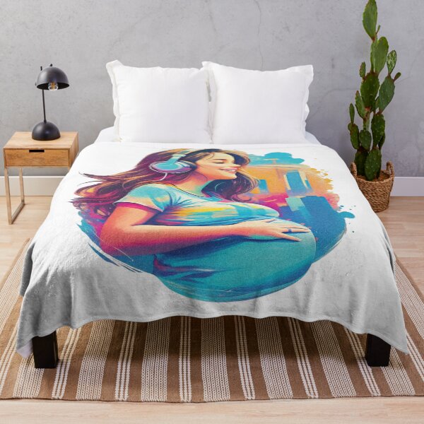 Aperçu de l'œuvre Jolie fille enceinte écoutant de la musique rétro inspirée bientôt maman Groovy Design créée et vendue par TriniTeeClub.
