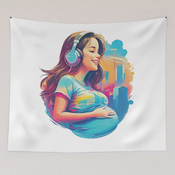Aperçu de l'œuvre Jolie fille enceinte écoutant de la musique rétro inspirée bientôt maman Groovy Design créée et vendue par TriniTeeClub.