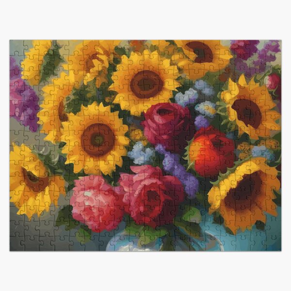 Artikel-Vorschau von Sonnenblumen, Rosen und Löwenmäulchen in einer Glasvase, designt und verkauft von Vicky Brago-Mitchell®.