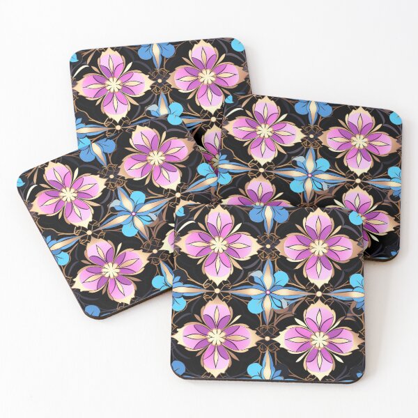 Aperçu de l'œuvre Motif fantaisie coloré bleu rose violet or motif de treillis de fleurs noires créée et vendue par G-M-Designs.