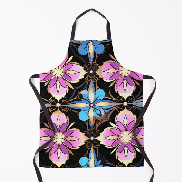 Aperçu de l'œuvre Motif fantaisie coloré bleu rose violet or motif de treillis de fleurs noires créée et vendue par G-M-Designs.