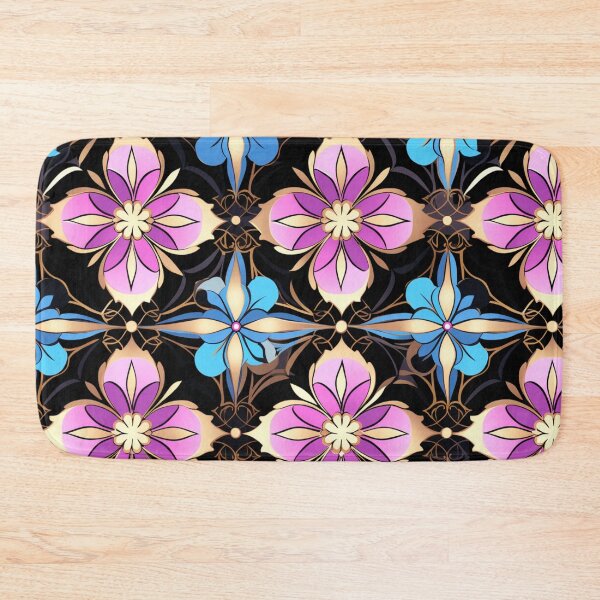Aperçu de l'œuvre Motif fantaisie coloré bleu rose violet or motif de treillis de fleurs noires créée et vendue par G-M-Designs.