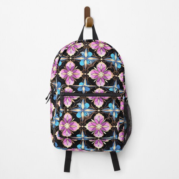 Aperçu de l'œuvre Motif fantaisie coloré bleu rose violet or motif de treillis de fleurs noires créée et vendue par G-M-Designs.