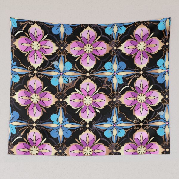 Aperçu de l'œuvre Motif fantaisie coloré bleu rose violet or motif de treillis de fleurs noires créée et vendue par G-M-Designs.