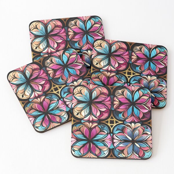 Aperçu de l'œuvre Motif fantaisie coloré bleu rose violet or motif de treillis de fleurs créée et vendue par G-M-Designs.