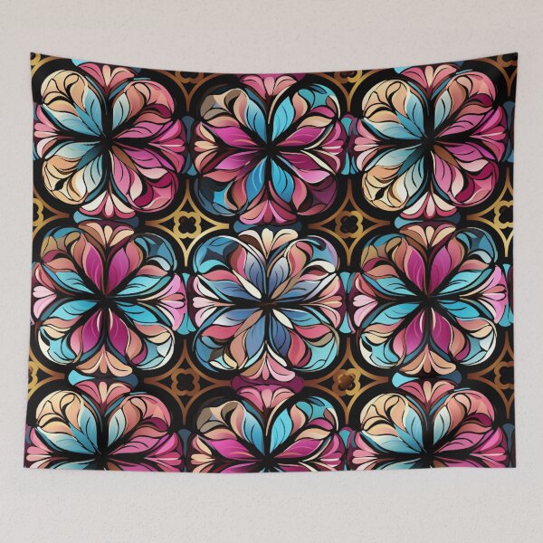 Aperçu de l'œuvre Motif fantaisie coloré bleu rose violet or motif de treillis de fleurs créée et vendue par G-M-Designs.