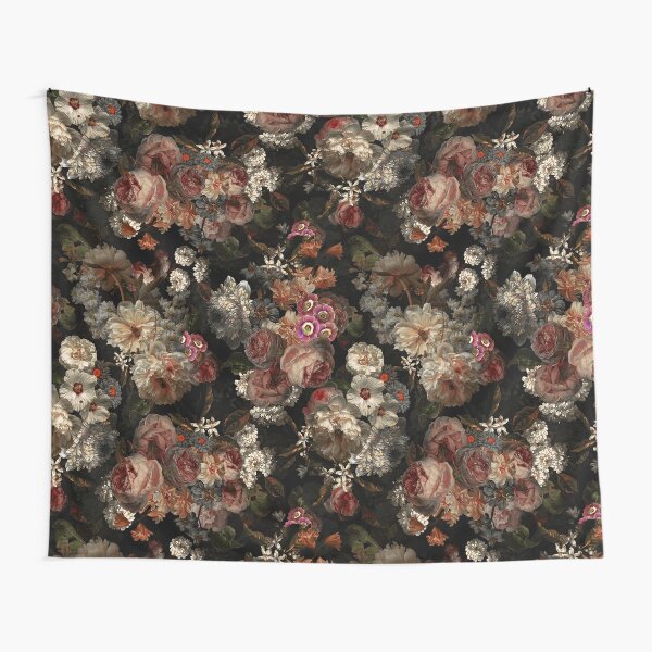 Floral Tapestry, Flemish Art Decor, Black Background, Dutch