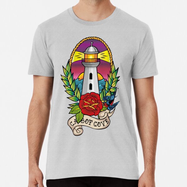 Vista previa del artículo con la obra «Faro de Cabot Cove, estilo tatuaje tradicional», diseñado y vendido por boec gear.