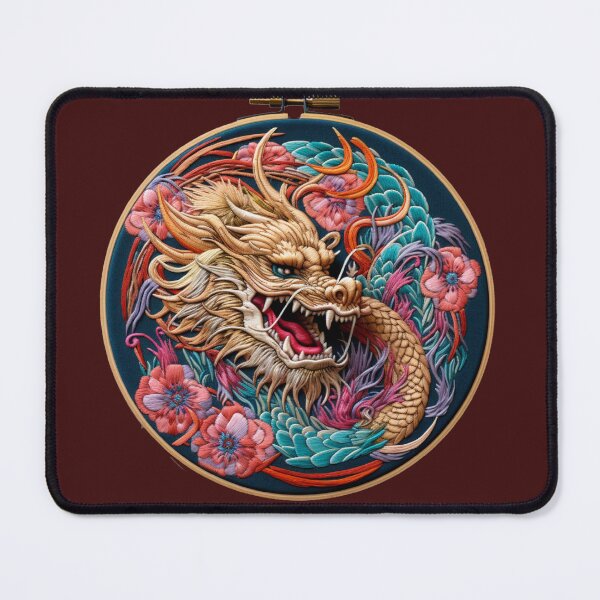 Item preview, AI art: Embroidery of a wise beautiful dragon with flowers designed and sold by camertone.