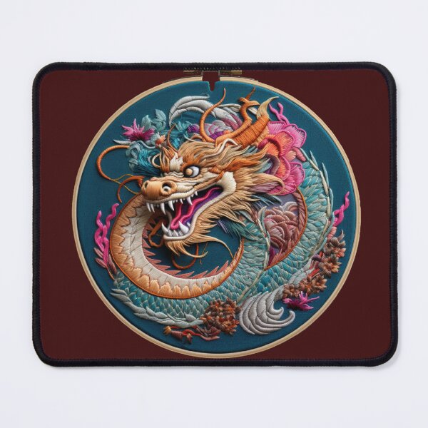 Item preview, AI art: Embroidery of a fierce brave dragon with flowers on teal background designed and sold by camertone.