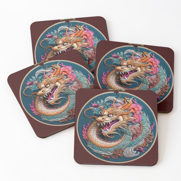 Item preview, AI art: Embroidery of a fierce brave dragon with flowers on teal background designed and sold by camertone.