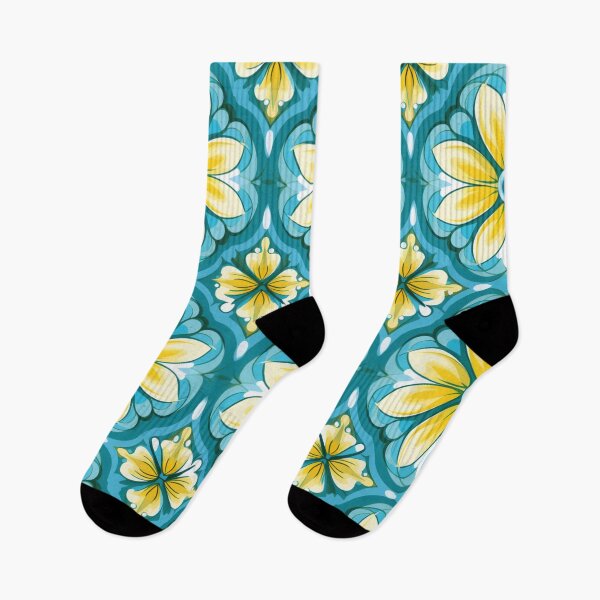 Artikelvorschau, Buntes Fantasiemuster gelb blau türkis weiß Blüten entworfen und verkauft von G-M-Designs.