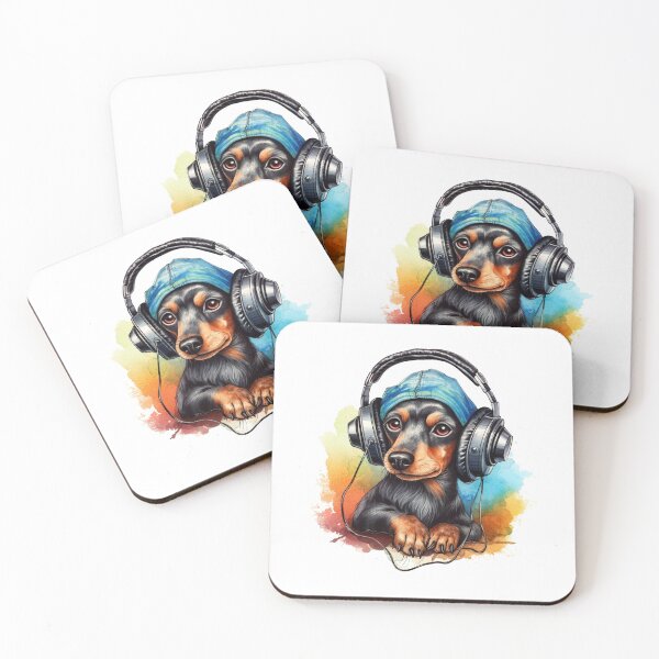 Item preview, Black and Tan Dachshund with headphones and beanie dreamscape style designed and sold by HeffDesigns.