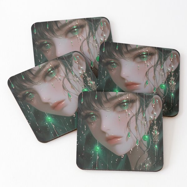 Item preview, Emerald and gold bejeweled anime portrait designed and sold by EmeraldeaArt.