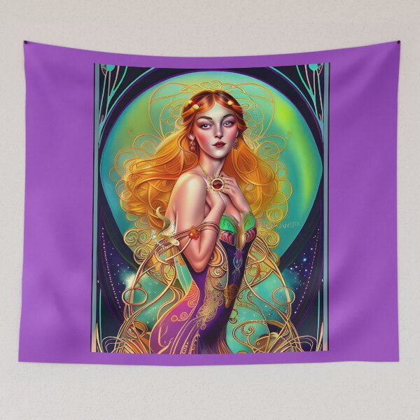 Aperçu de l'œuvre Dame Art Nouveau avec bijoux et cheveux d'or créée et vendue par DesignsBuyGem.