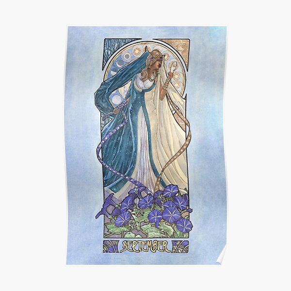 Lady of September with Sapphire and Morning Glories Celestial Moon and Sun Goddess Mucha Inspired Birthstone Series Poster