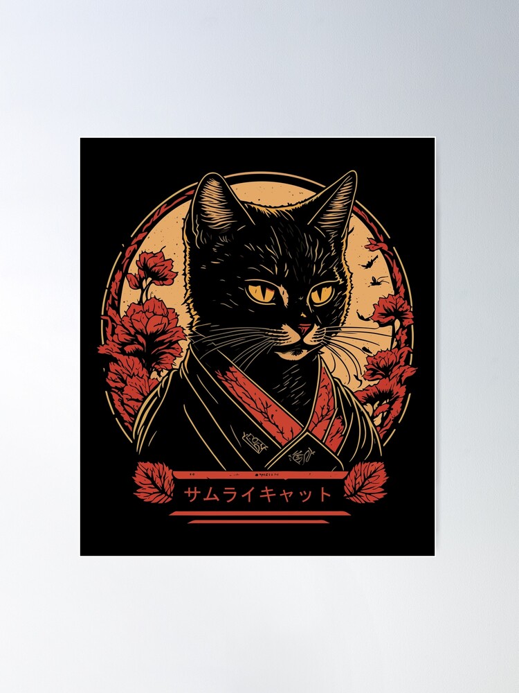 Vintage Japanese Samurai Ninja Cat Kawaii Tattoo Graphic