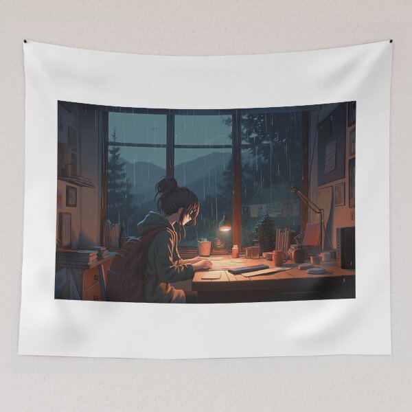 Item preview, Lofi Rainy Day Study Session: Cartoon Manga-Style Girl Studying with Music - AI Generative Illustration designed and sold by hjian8219.