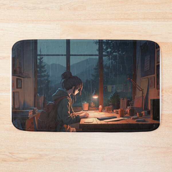 Item preview, Lofi Rainy Day Study Session: Cartoon Manga-Style Girl Studying with Music - AI Generative Illustration designed and sold by hjian8219.
